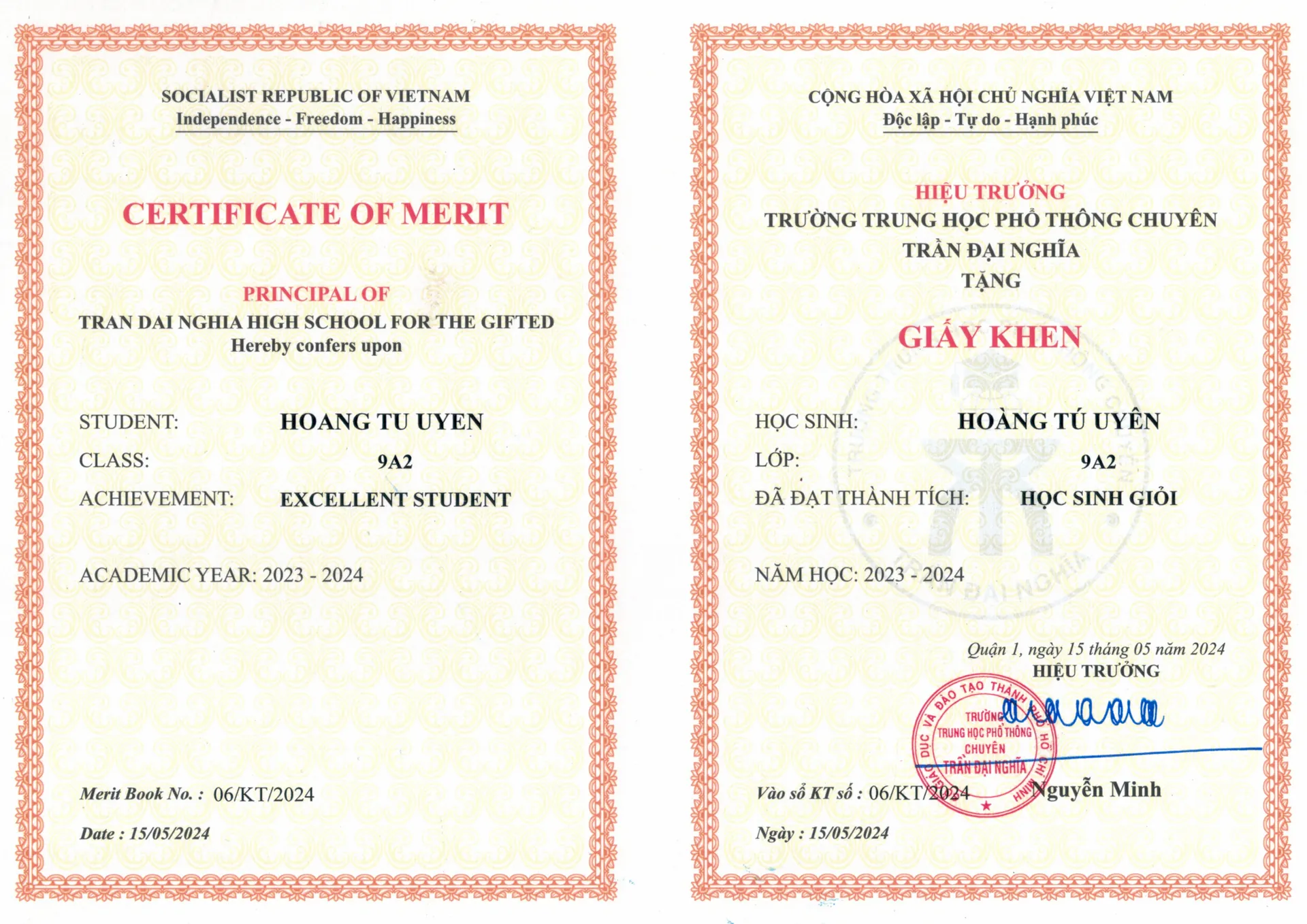 Tran Dai Nghia school honors — certificate 1